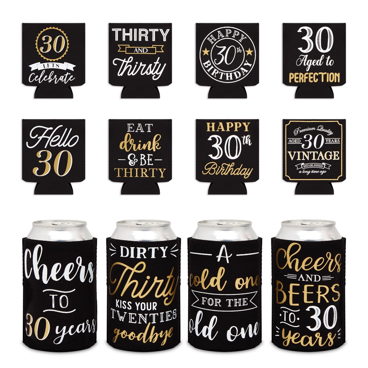 12-Pack Can Cooler Sleeves, 12 Assorted Designs Insulated Neoprene Holder Party Supplies - 30th Birthday